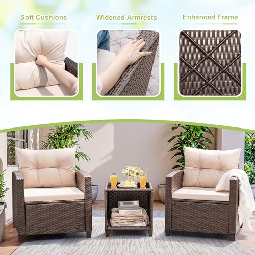 3 Pieces PE Rattan Wicker Patio Furniture Set with Chairs and Table L43301