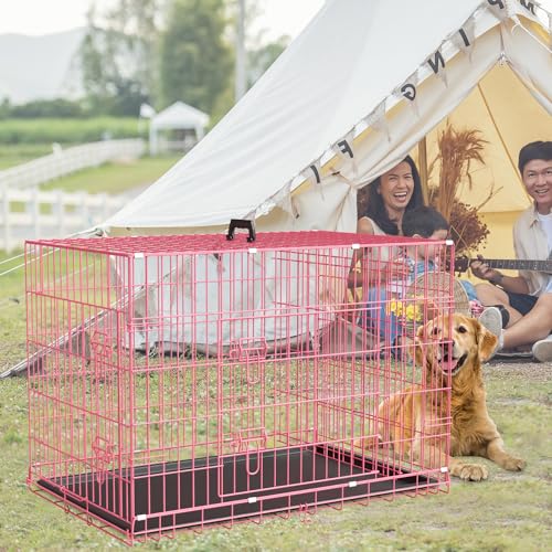 42 Inch Double Door Folding Metal Wire Dog Crate with Divider Panel and Leak-Proof Plastic Pan Y1521