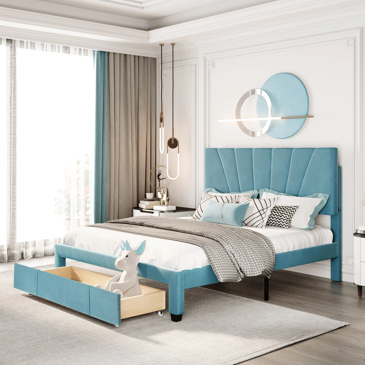 Queen Velvet Upholstered Platform Bed Frame with Drawer R43316