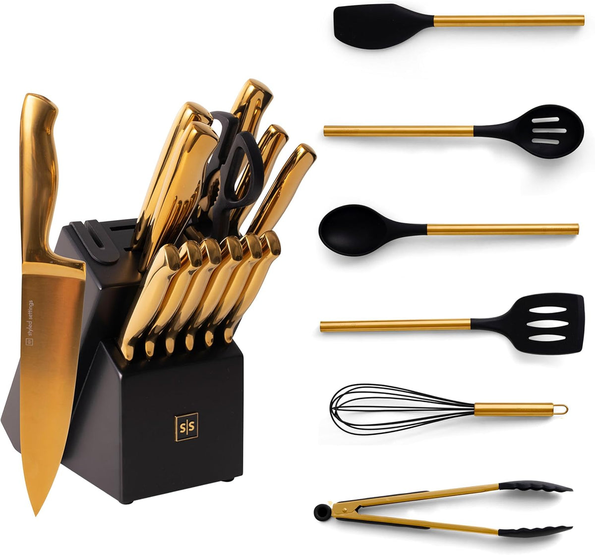 20 Piece Black and Gold Knife Set with Block Self Sharpening X914153