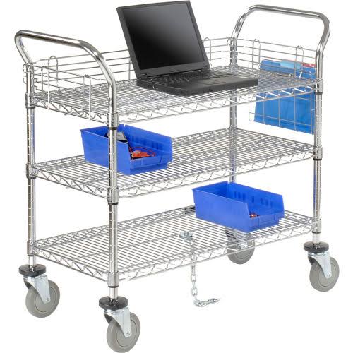 Utility Cart, 3 Shelf, Chrome, Polyurethane Casters U121