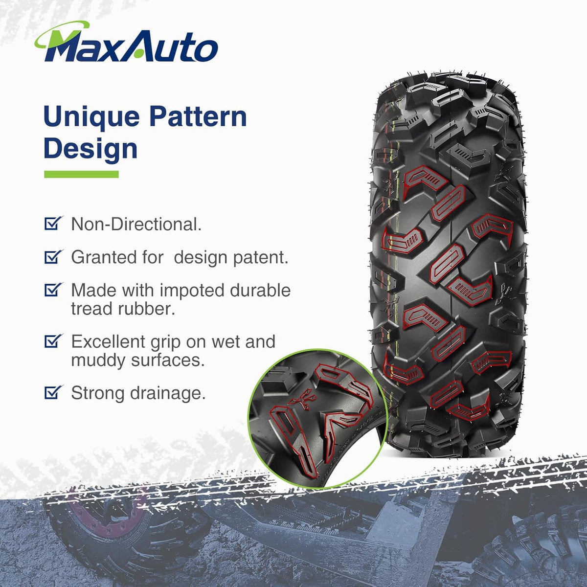 25x8-12 25x10-12 ATV Tires Set of 4, 6PR, Tubeless, 0.8" Tread Depth J68466