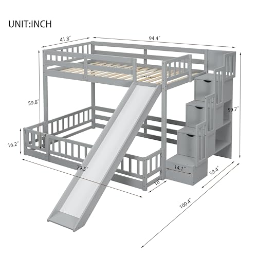 Twin Over Full Bunk Beds with Slide and Stairs, Wood Bunk Bed with Storage Staircase, Gray X991460