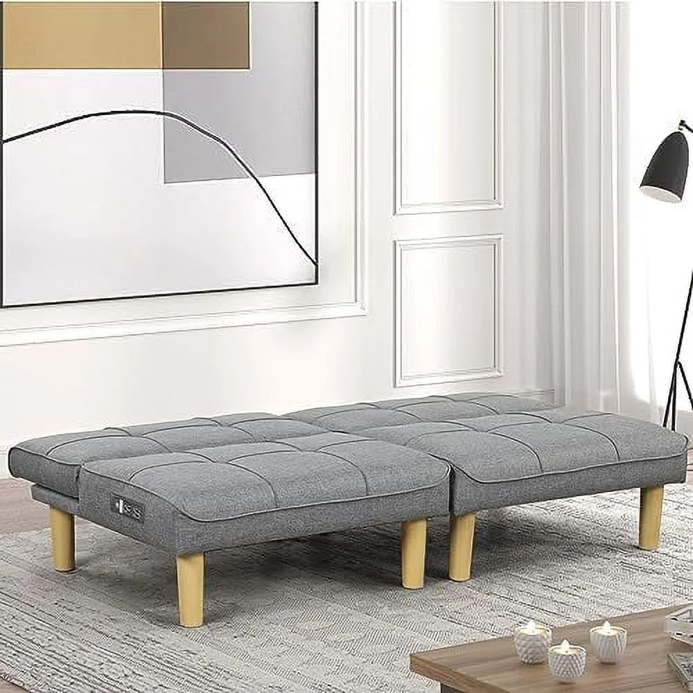 Comfy Convertible 2 Seater Futon Sofa Couch with USB Port Armless Adjustable Backrest D902