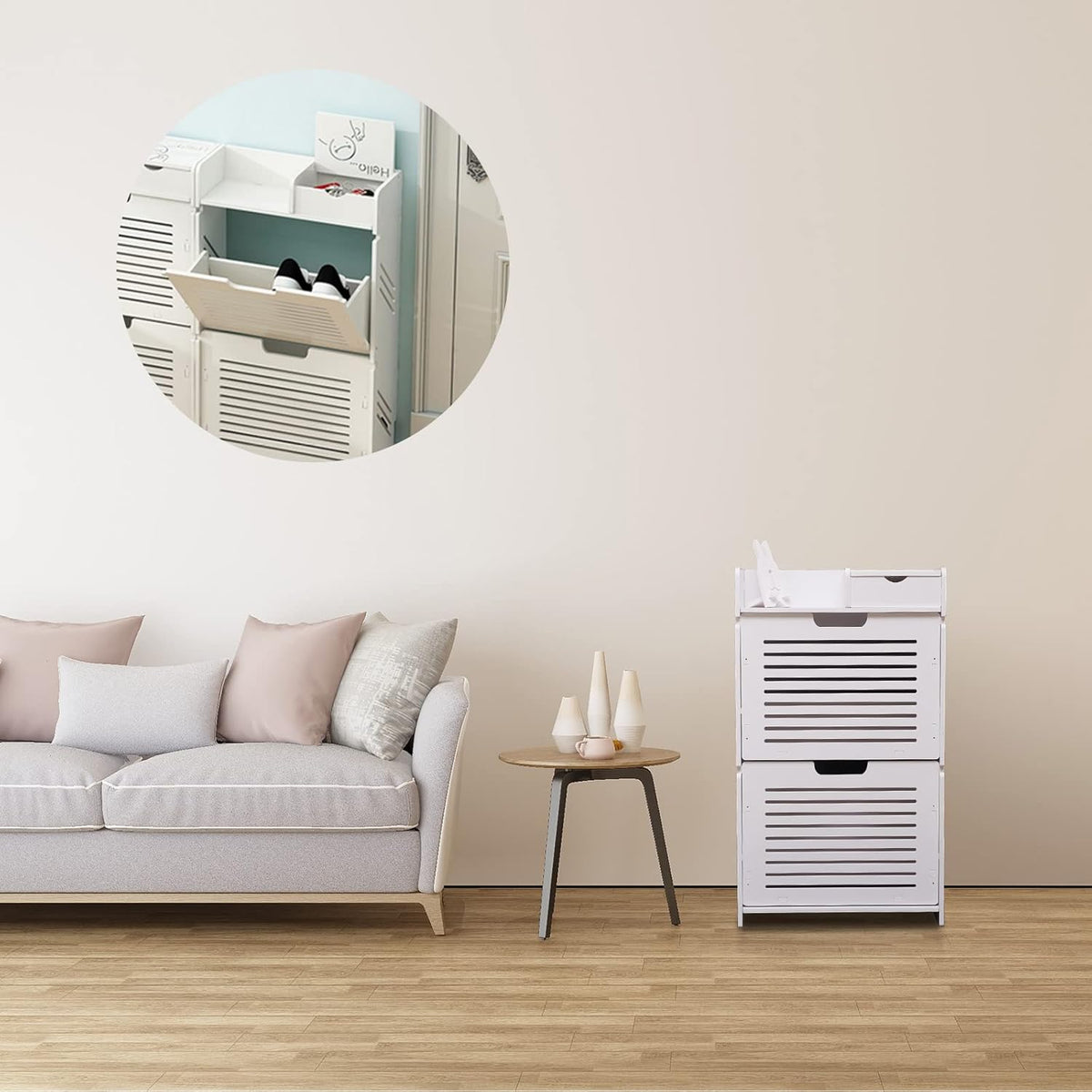 White 2 Flip Drawers Shoe Cabinet T399324