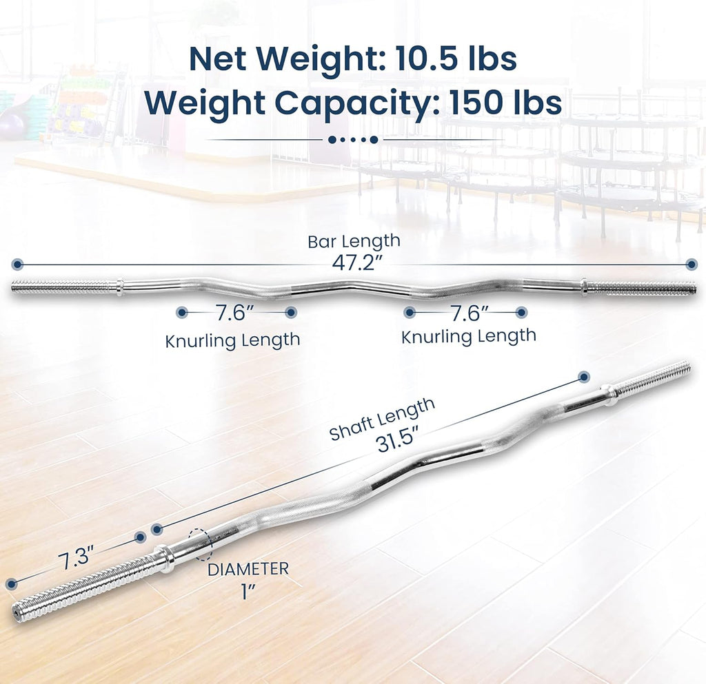47" Standard Threaded EZ Curl Barbell Bar for 1-inch Weight Plates, 2 Collars Included O17372