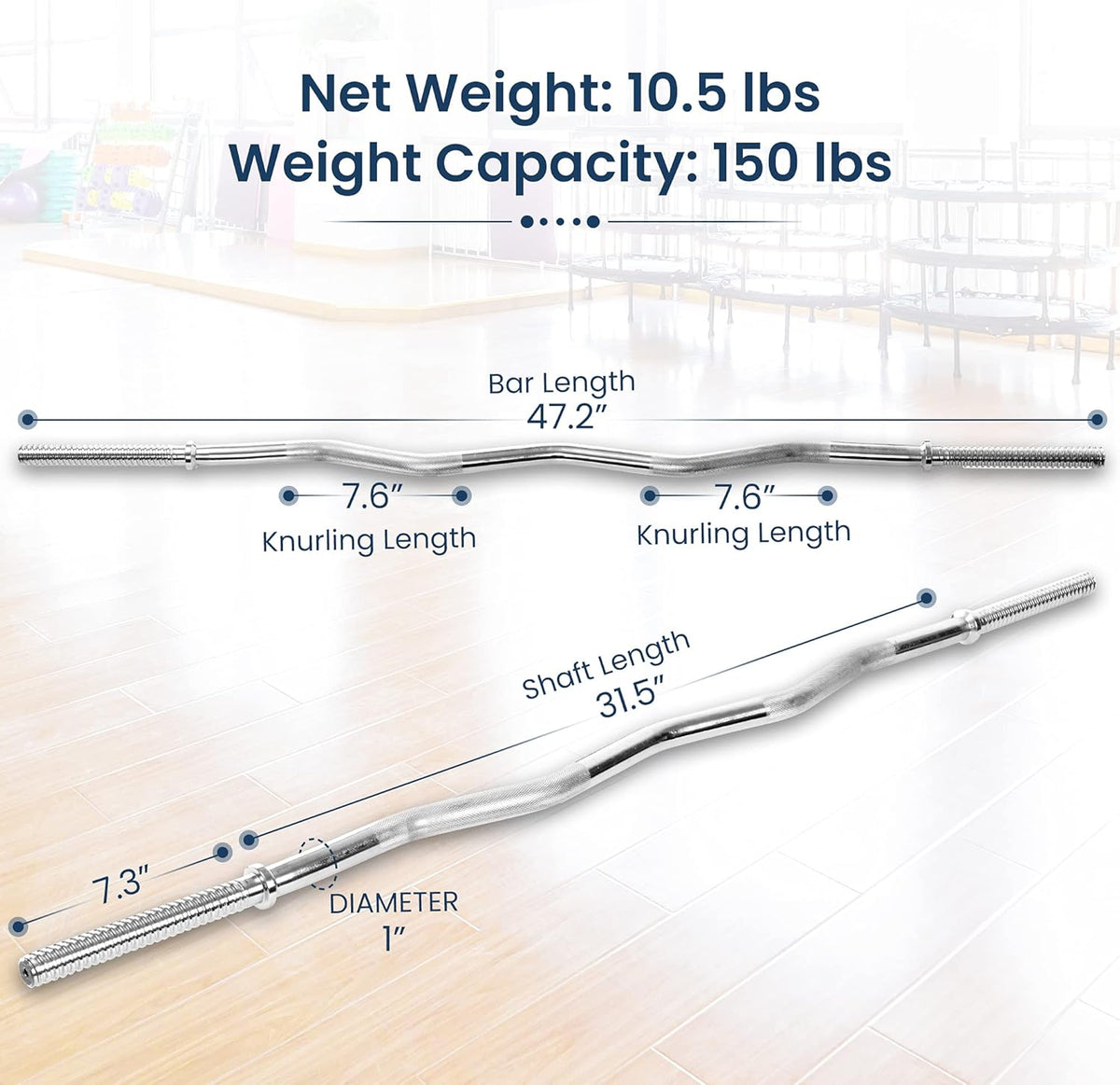 47" Standard Threaded EZ Curl Barbell Bar for 1-inch Weight Plates, 2 Collars Included O17372
