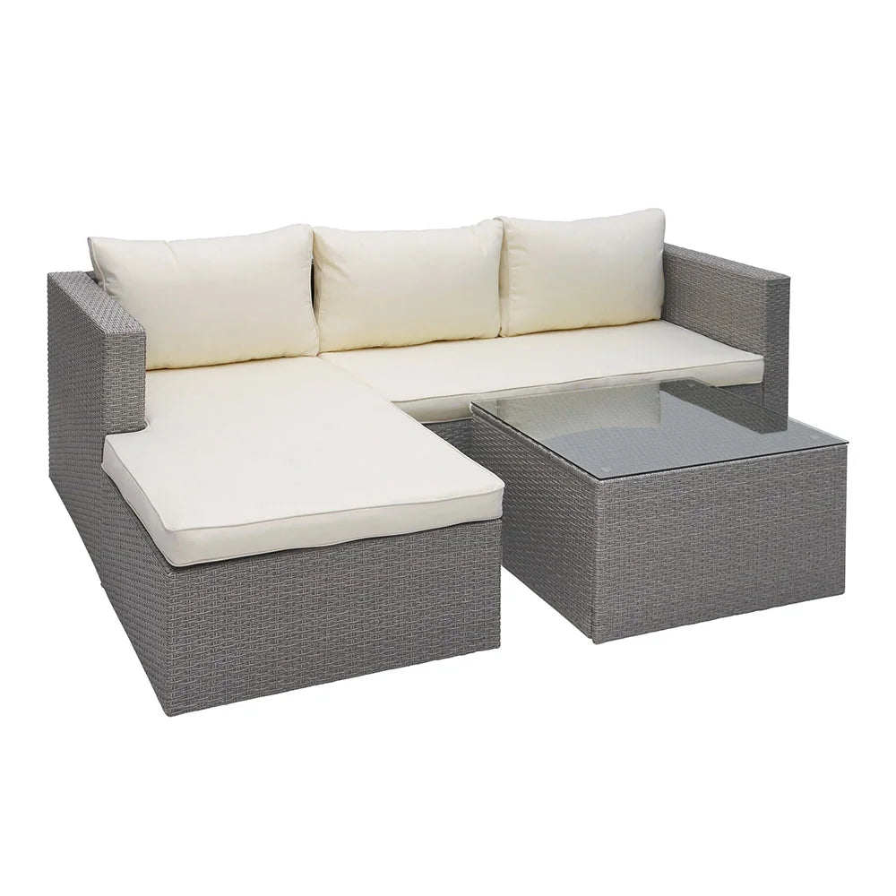 3 Piece Wicker Sectional Conversation Set with Cushions - Grey N642