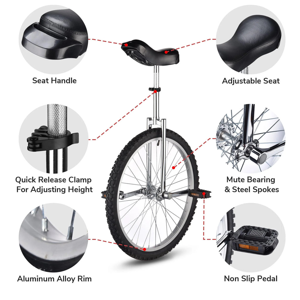 24 In Wheel Outdoor Unicycle Adjustable Seat Anti-Skid Pedal Red N686553