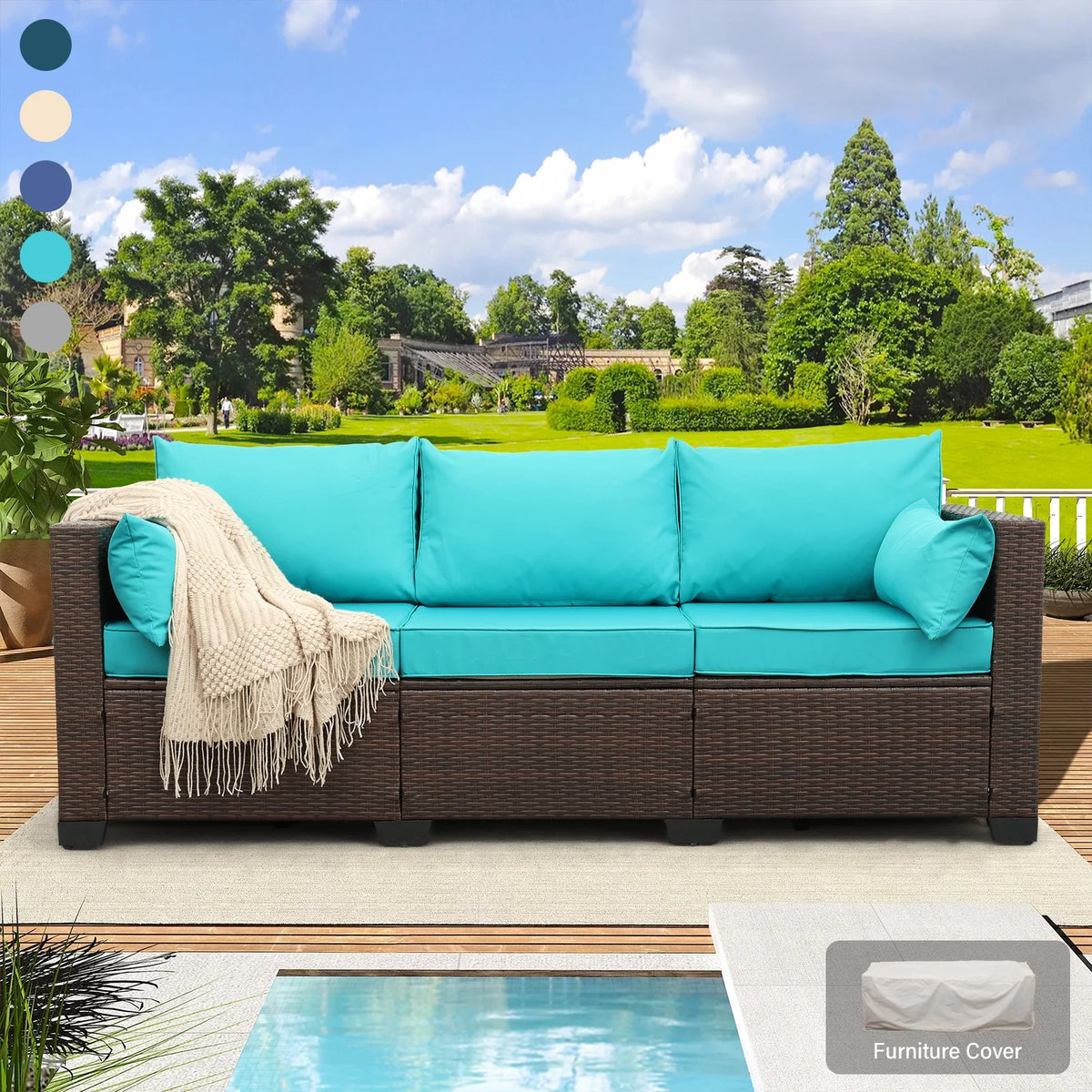 3-Seat Patio Wicker Rattan Sofa with Cushions, Gray R858
