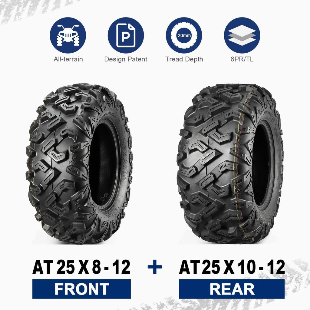 25x8-12 25x10-12 ATV Tires Set of 4, 6PR, Tubeless, 0.8" Tread Depth J68466