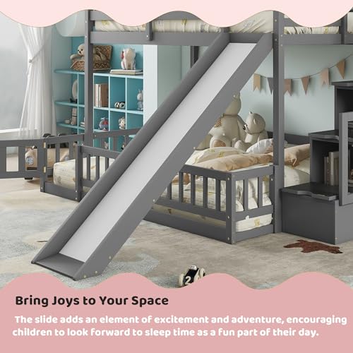 Twin Over Full Bunk Beds with Slide and Stairs, Wood Bunk Bed with Storage Staircase, Gray X991460