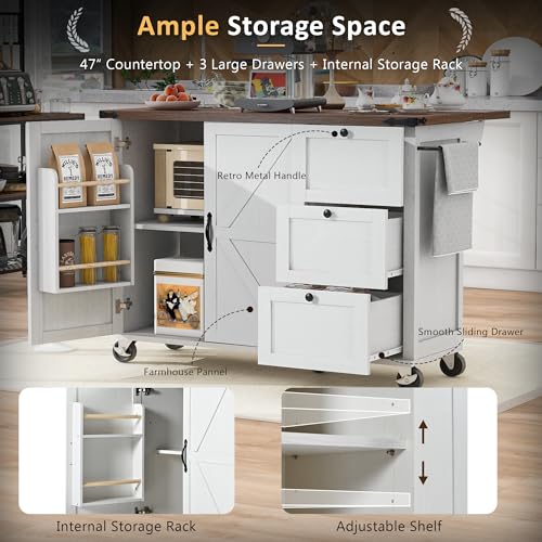 54.5" Kitchen Island with Drop Leaf, Storage Cabinet, 3 Drawer A27258