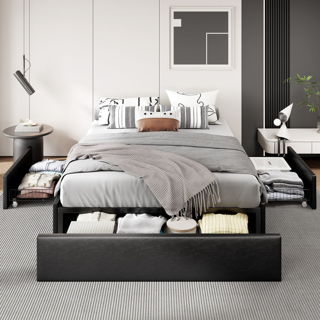 Dark Grey Queen Size Platform Bed Frame with 3 Storage Drawers T2782