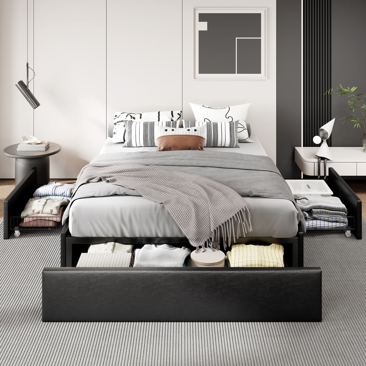 Dark Grey Queen Size Platform Bed Frame with 3 Storage Drawers T2782