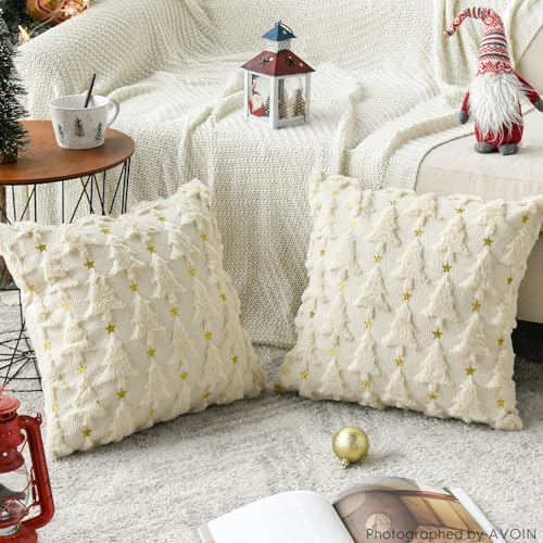 Christmas Tree Green Throw Pillow Cover Set of 2, 18 x 18 Inch Plush Faux Fur Jacquard J624