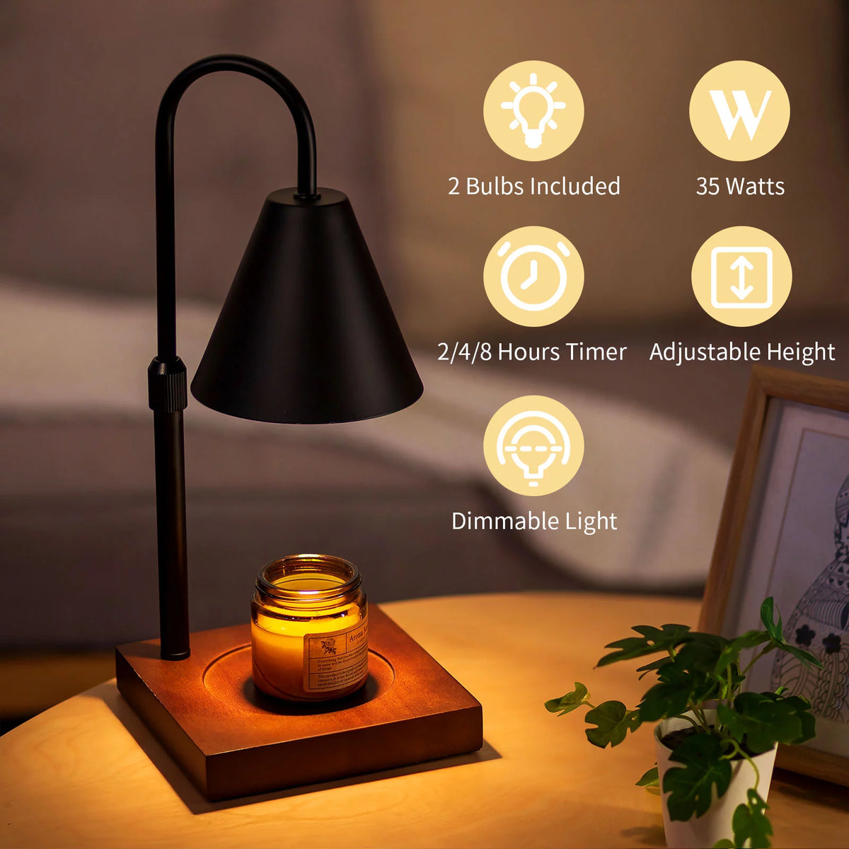 Black Walnut Electric Candle Warmer with Adjustable Height Dimmable Light 2 Bulbs Z869985
