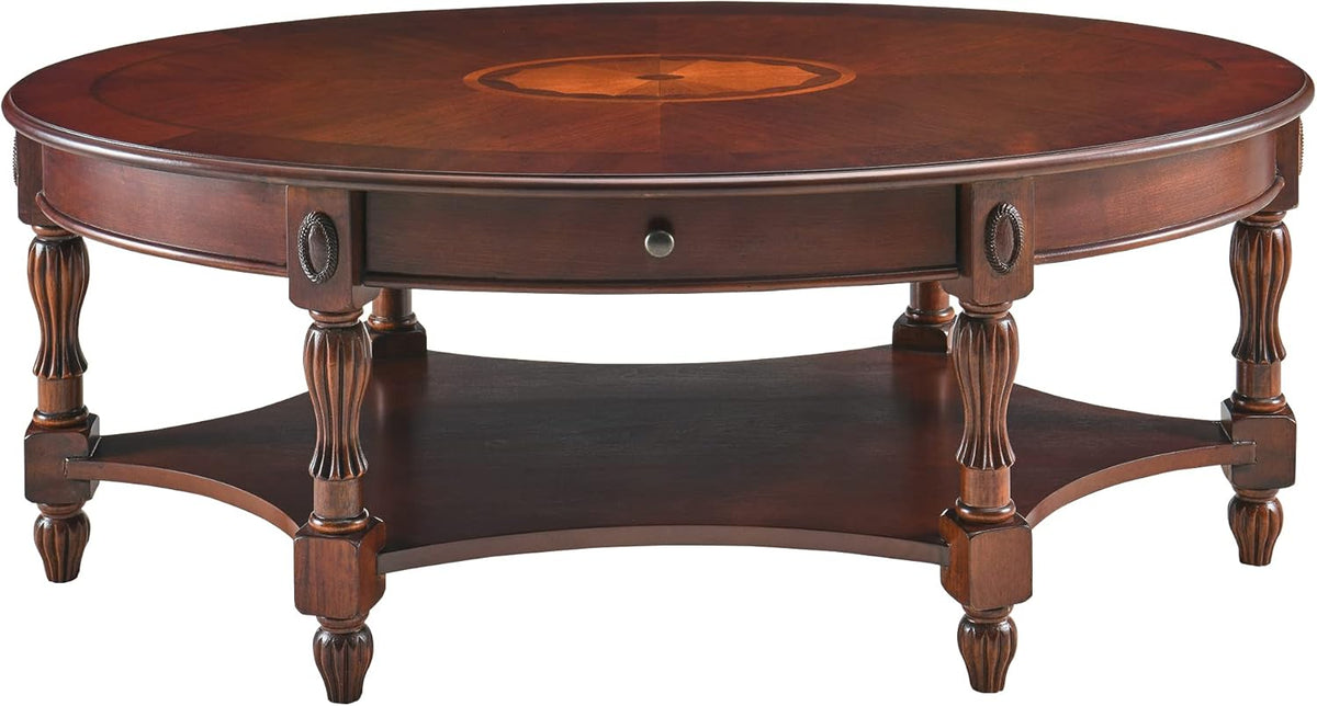 Solid Wood Oval End Table with Tempered Glass and Storage Shelf Walnut E7780