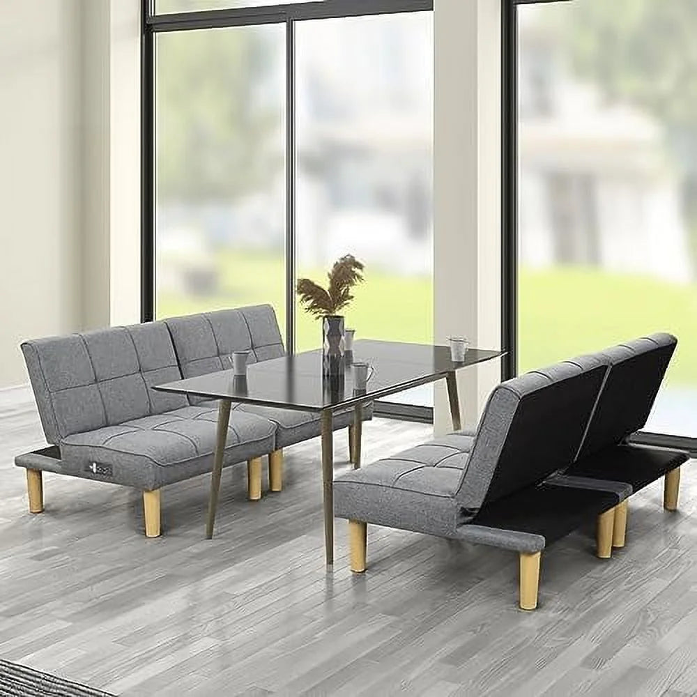 Comfy Convertible 2 Seater Futon Sofa Couch with USB Port Armless Adjustable Backrest D902