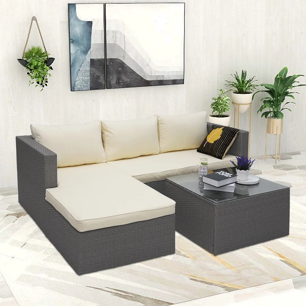 3 Piece Wicker Sectional Conversation Set with Cushions - Grey N642