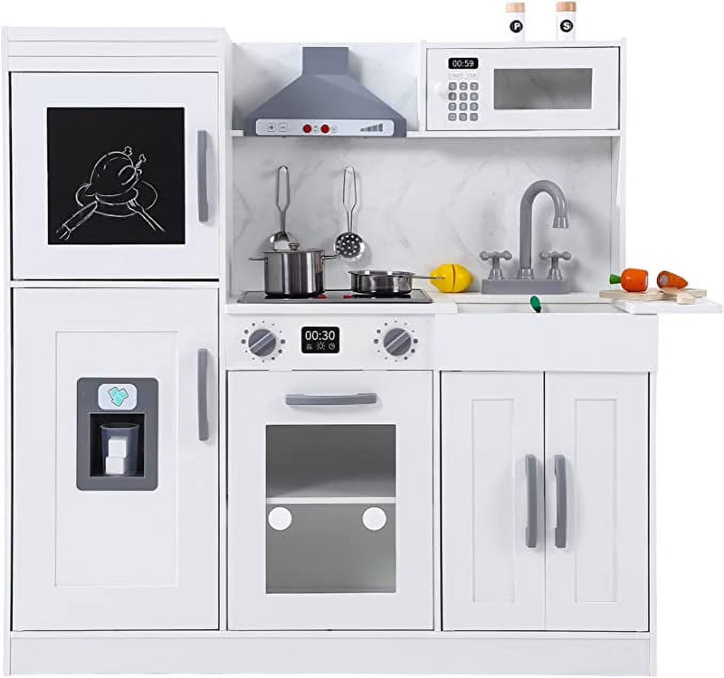 White Wooden Kids Kitchen Playset with 20 PCS Cookware Accessories Y39297