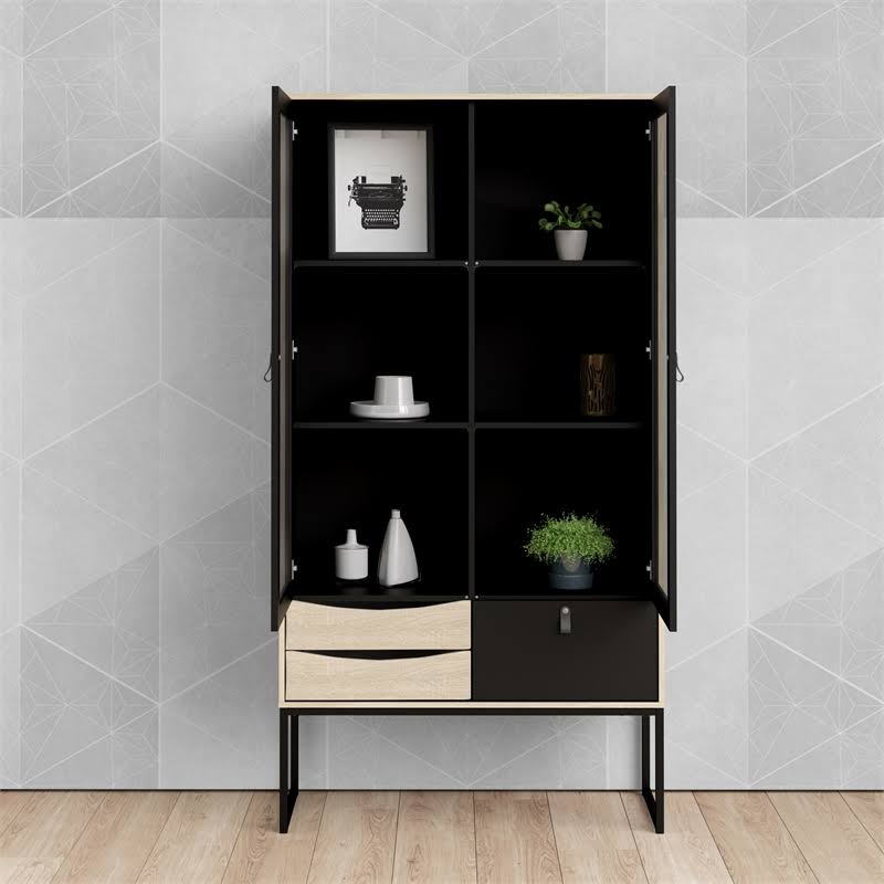 Black 2 Glass Door Cabinet with 3 Drawers N266