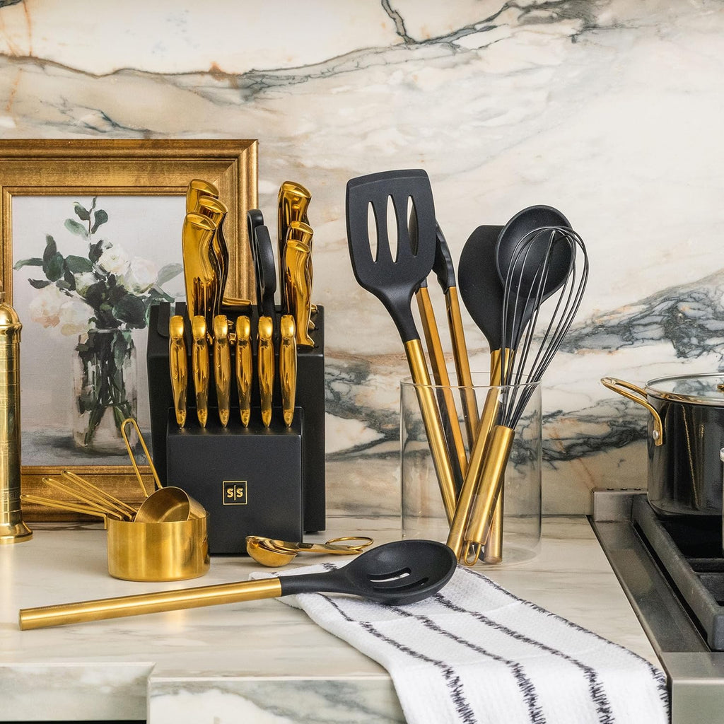 20 Piece Black and Gold Knife Set with Block Self Sharpening X914153