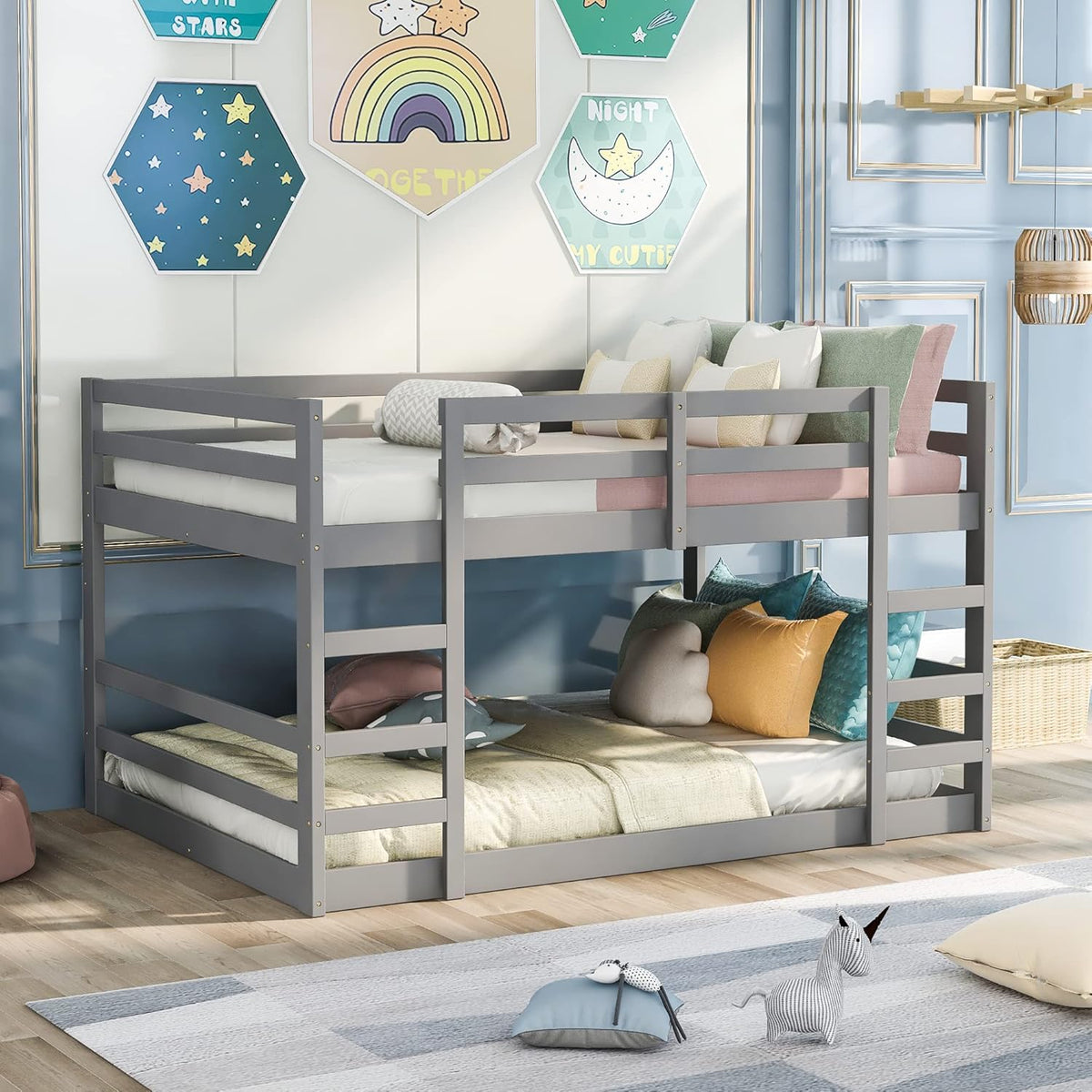 Twin Size Wood Triple Bunk Bed with Guard Rail and Ladder M469033