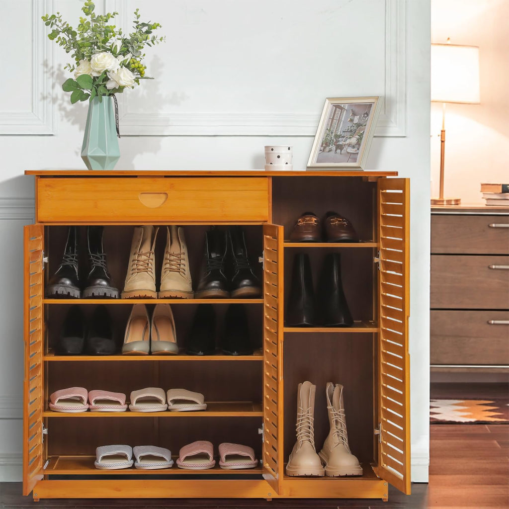 4 Tier Bamboo Shoe Storage Cabinet with Drawer & Shutter Door (Brown) X74257