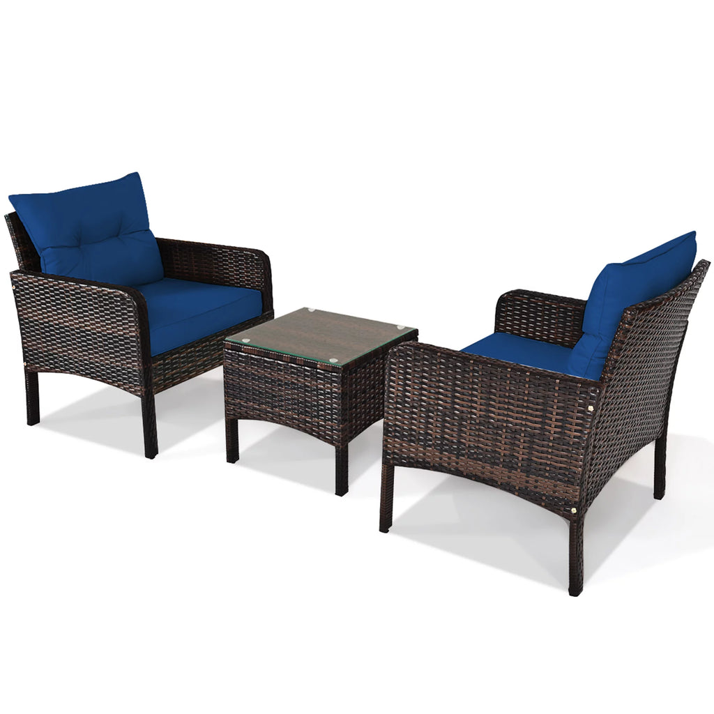 3 Pcs Rattan Patio Conversation Set with Navy Cushions F2137