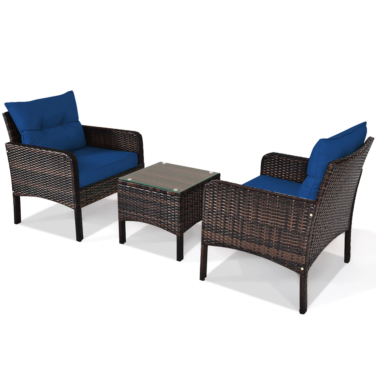 3 Pcs Rattan Patio Conversation Set with Navy Cushions F2137