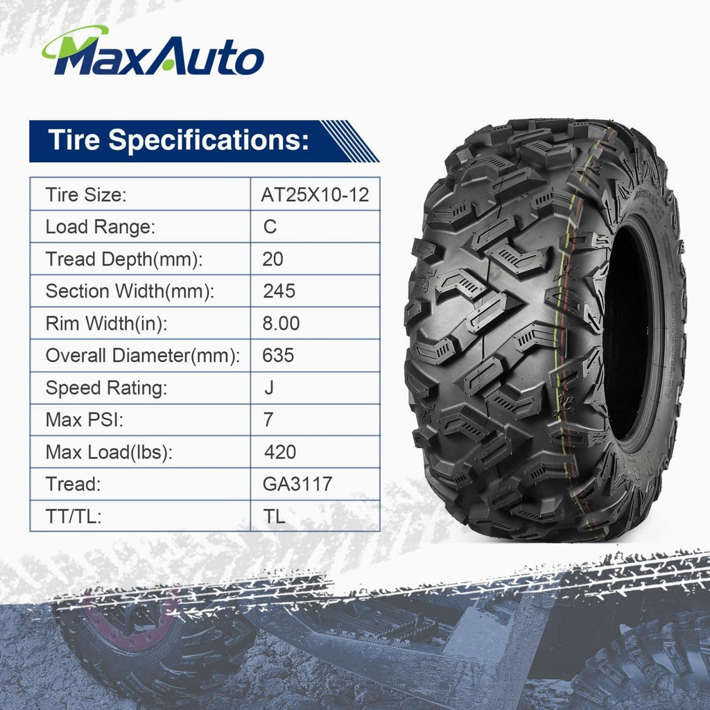 25x8-12 25x10-12 ATV Tires Set of 4, 6PR, Tubeless, 0.8" Tread Depth J68466
