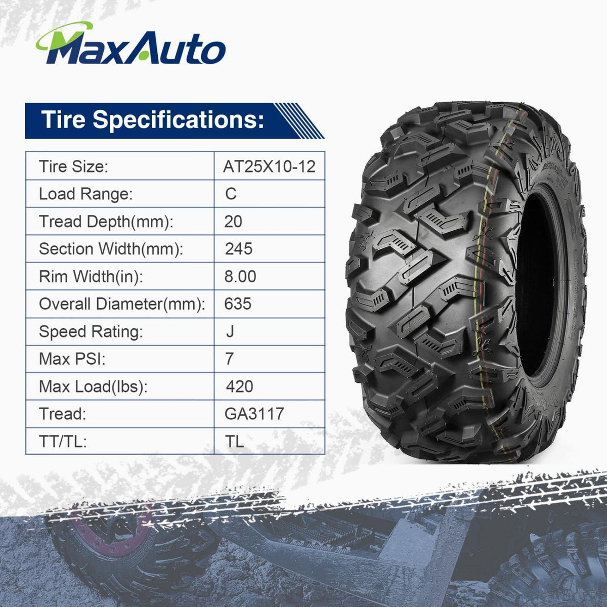 25x8-12 25x10-12 ATV Tires Set of 4, 6PR, Tubeless, 0.8" Tread Depth J68466