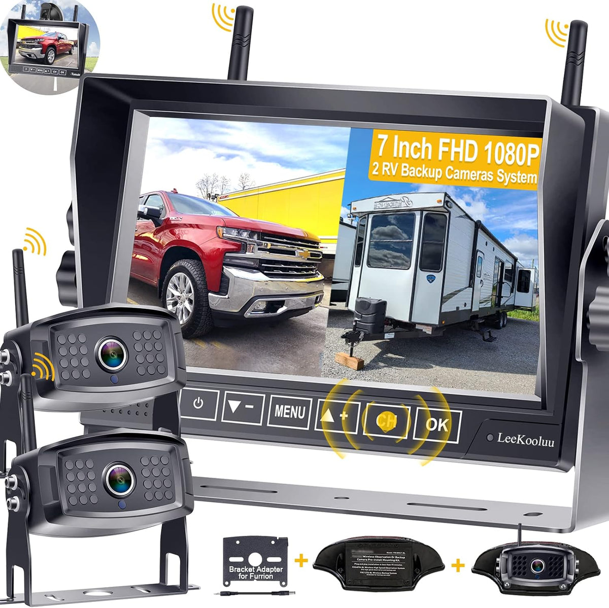 Wireless 7 Inch HD 1080P DVR Monitor with 2 Rear View Cameras W832