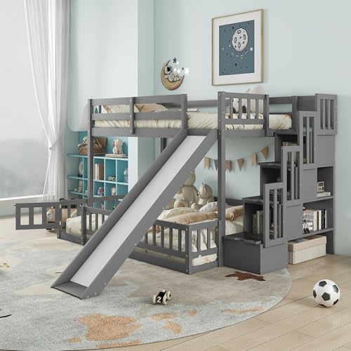 Twin Over Full Bunk Beds with Slide and Stairs, Wood Bunk Bed with Storage Staircase, Gray X991460