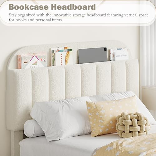 Beige Boucle Upholstered Twin Platform Bed with 2 Drawers J30555