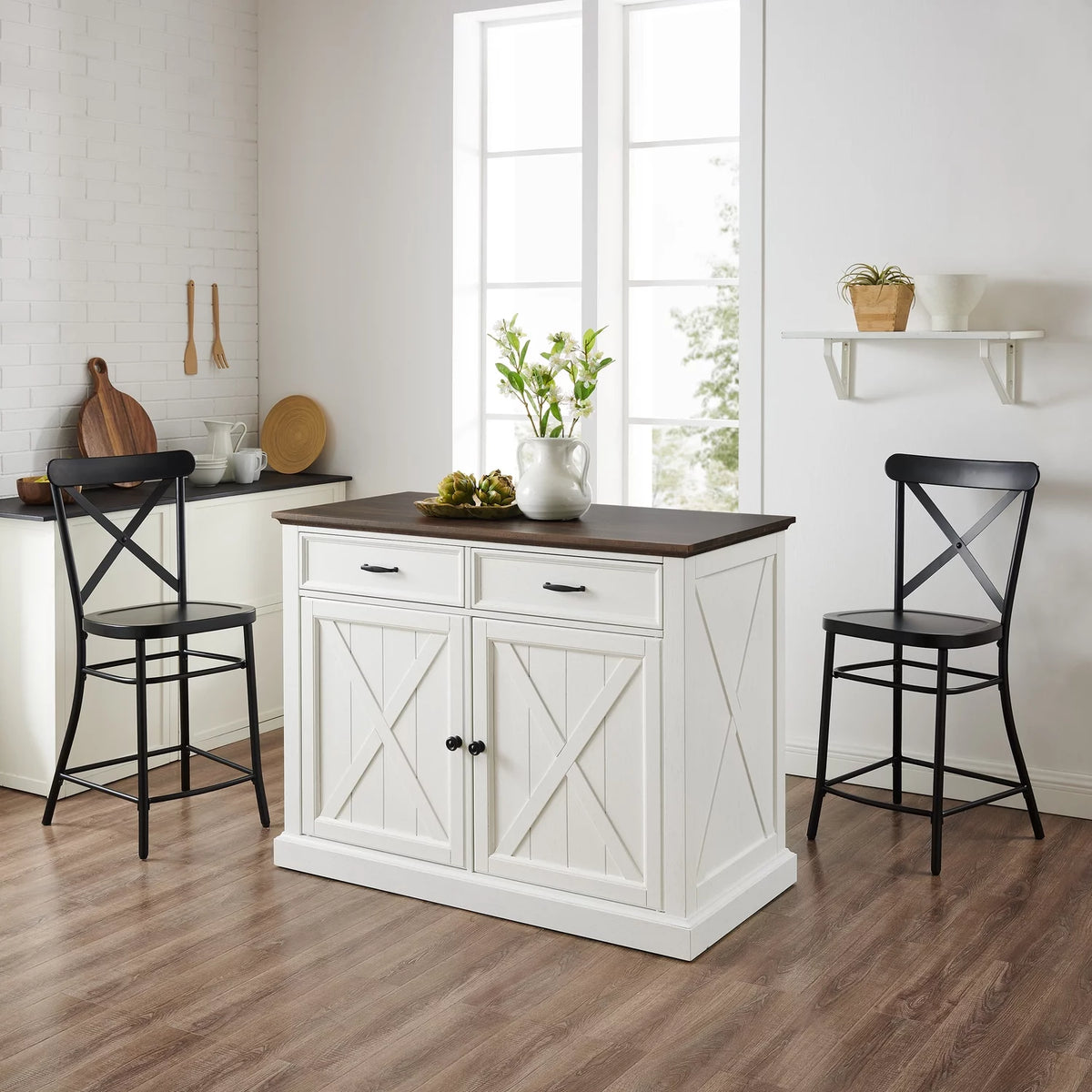 Distressed White/Black Kitchen Island & 2 Stools I288622