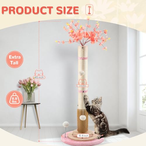 45'' Tall Sisal Rope Cat Scratching Post with Interactive Ball Toys (pink) M489