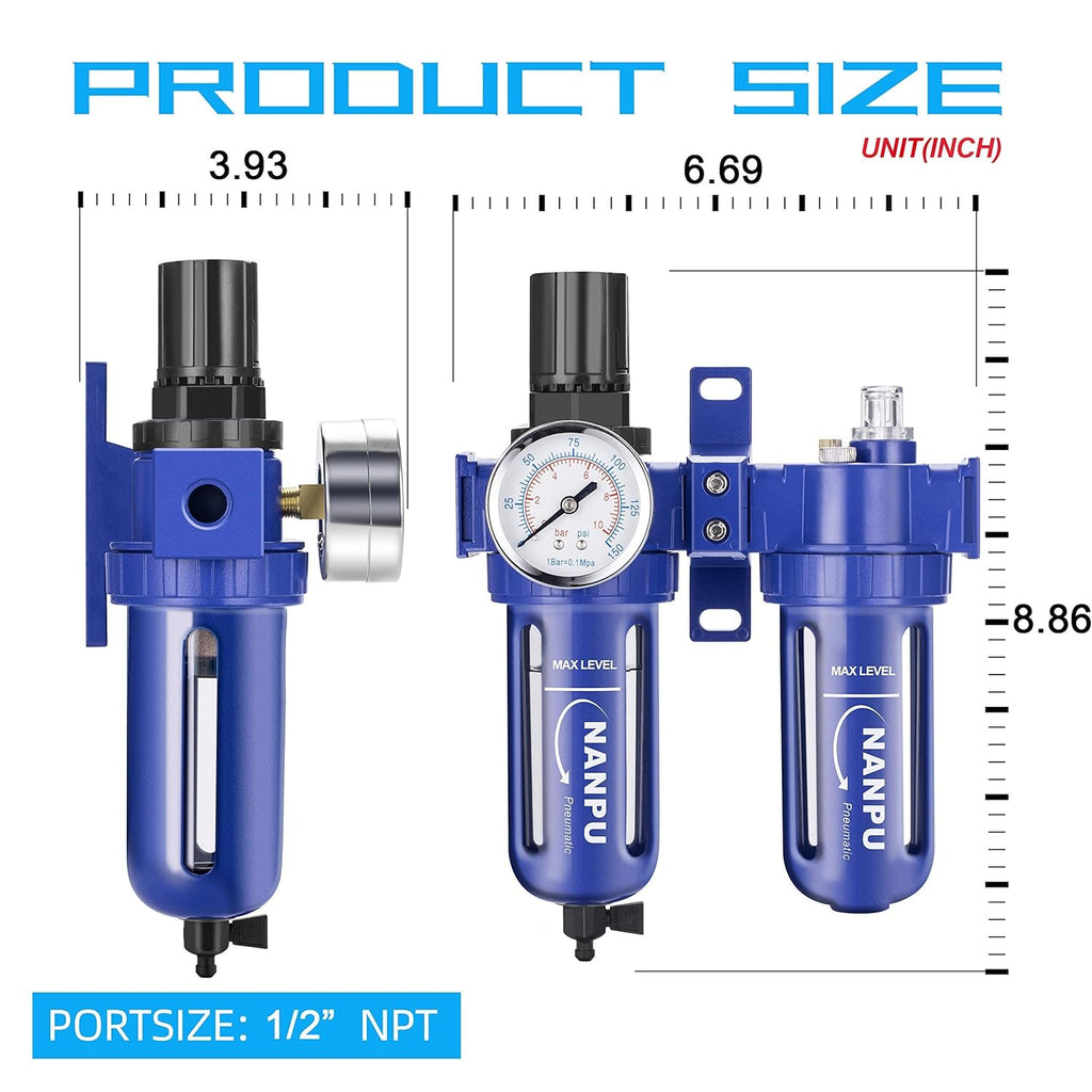 Compressed Air Filter Regulator Lubricator, Zinc Alloy, 5 Micron Brass Element, 0-150 psi Gauge B7987