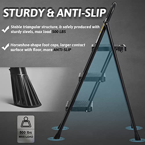 3 Step Folding Steel Step Ladder with Handgrip, 500 Lbs, Black T936