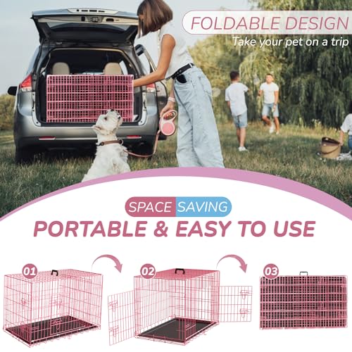 42 Inch Double Door Folding Metal Wire Dog Crate with Divider Panel and Leak-Proof Plastic Pan Y1521