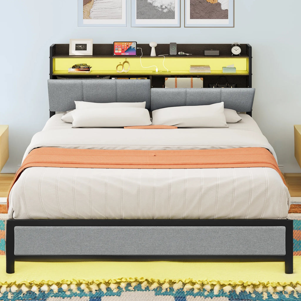 Gray LED Light Bed Frame with Storage and Upholstered Headboard N5202