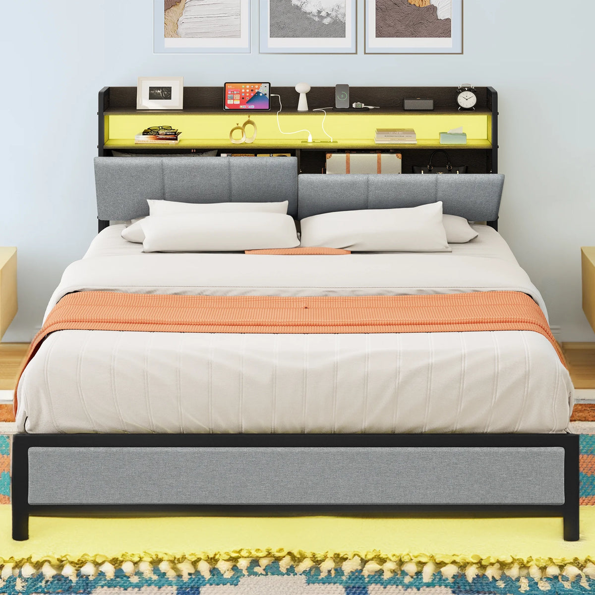 Gray LED Light Bed Frame with Storage and Upholstered Headboard N5202