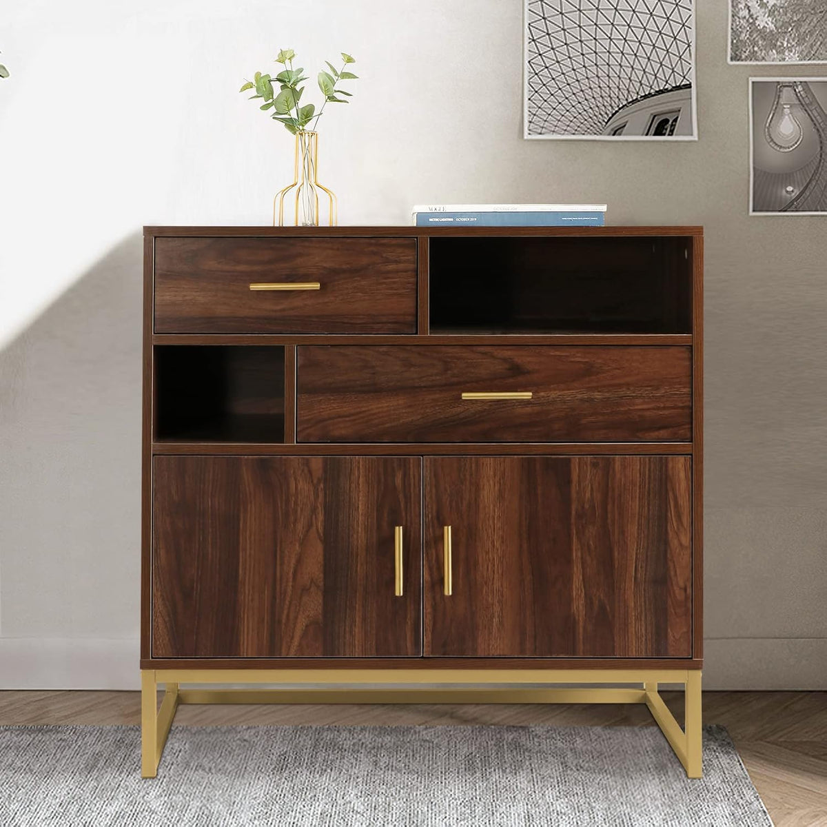 Walnut Wood 2 Doors Accent Storage Cabinet with Drawers and Shelves I40459