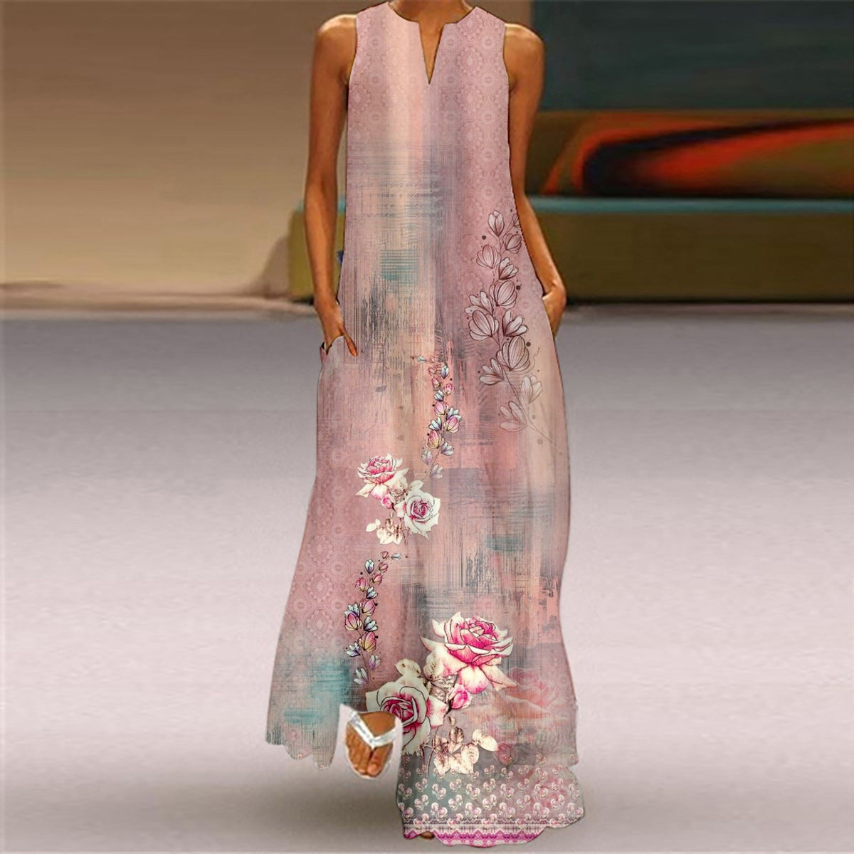 Plus Size Sleeveless Print V Neck Loose Long Sundress with Pockets X374743