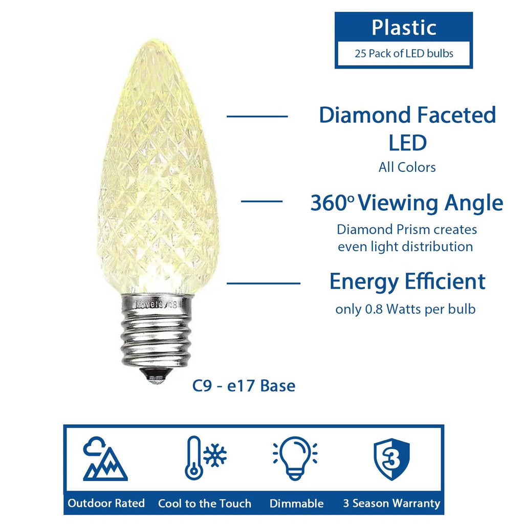25 Pack C9 LED Faceted Dimmable Outdoor Christmas Replacement Bulbs, Red Z265
