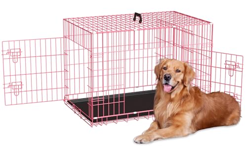 42 Inch Double Door Folding Metal Wire Dog Crate with Divider Panel and Leak-Proof Plastic Pan Y1521
