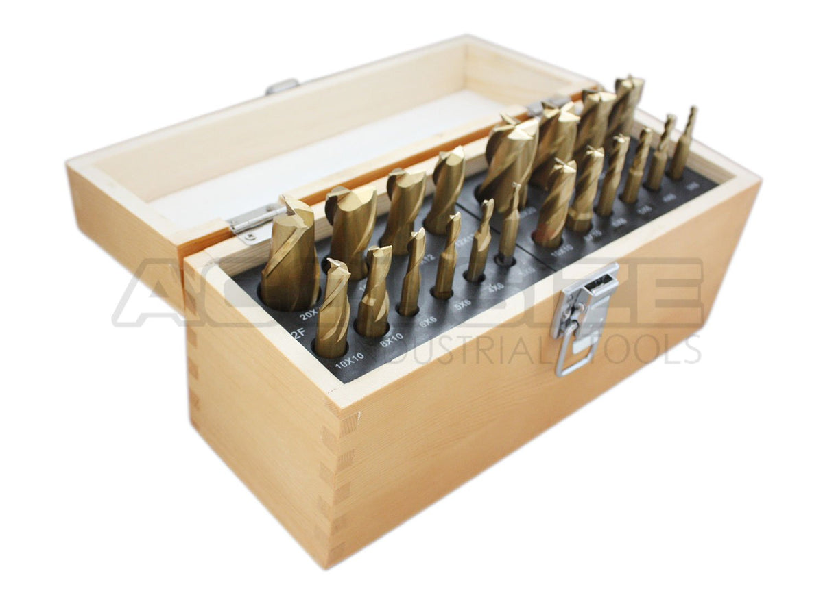 20 Pc H.S.S. Tin Coated End Mill Set, Metric Size, 2 Flute and 4 Flute Q515