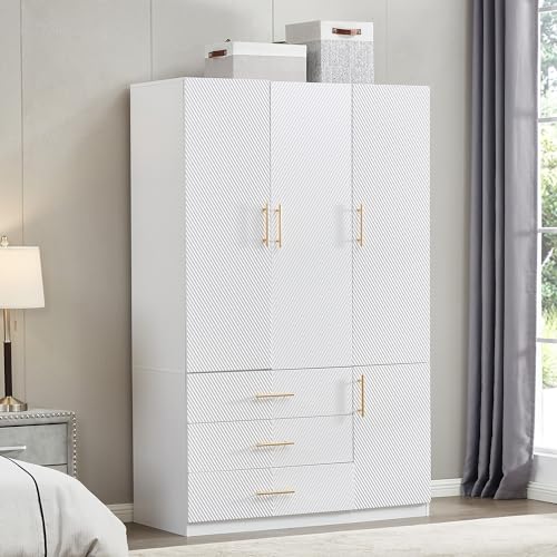 White 4 Doors 3 Drawers Wooden Closet Cabinet Wardrobe Armoire E390