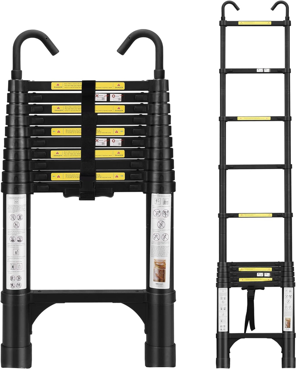 Telescoping Ladder 10.5 FT Aluminum with 2 Detachable Roof Hooks and 2 Triangle Stabilizers F617